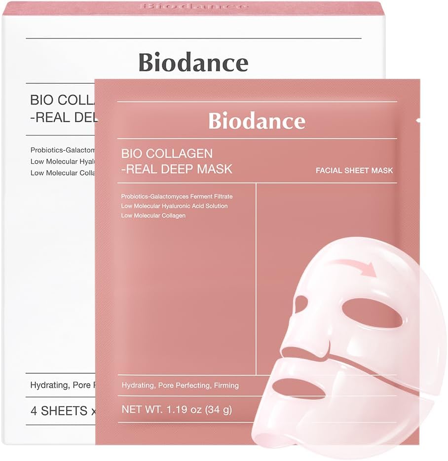 BIODANCE Bio-Collagen Real Deep Mask – Hydrogel Face Mask with Collagen, Overnight Hydrating Treatment, Pore Care & Elasticity, K-Beauty, 4 Masks