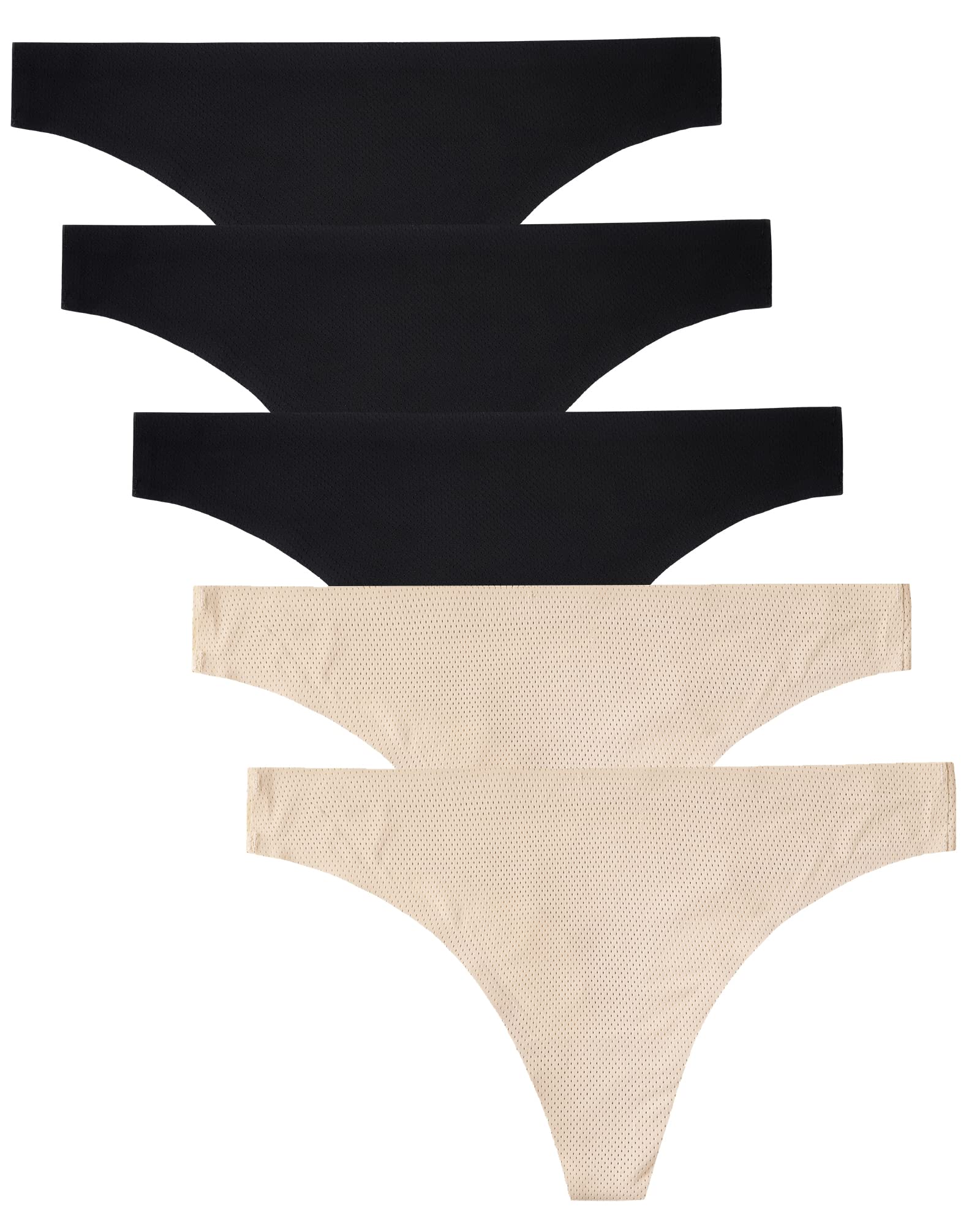 Voenxe Seamless Women Thong Underwear – 5 Pack | No-Show, Breathable Mesh Panties, Soft Low Rise Cut for Sports & Everyday Wear