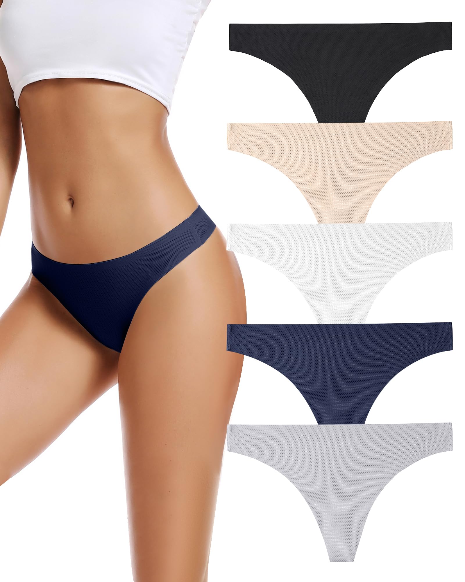 Voenxe Seamless Women Thong Underwear – 5 Pack | No-Show, Breathable Mesh Panties, Soft Low Rise Cut for Sports & Everyday Wear