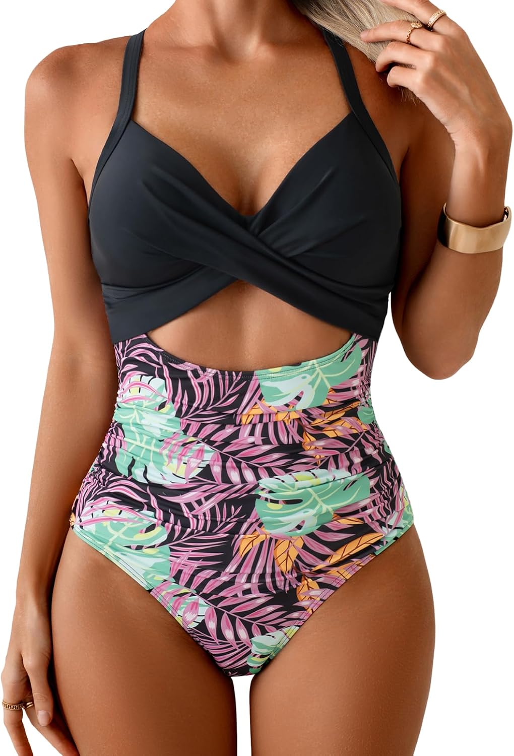 Eomenie Women's Tummy Control One Piece Swimsuit Cutout Bathing Suit | High Waisted,Tie Back,Wrap Front,Adjustable Straps,Soft Removable Cups,Slimming,Monokini for Beach Vacation,Pool Side