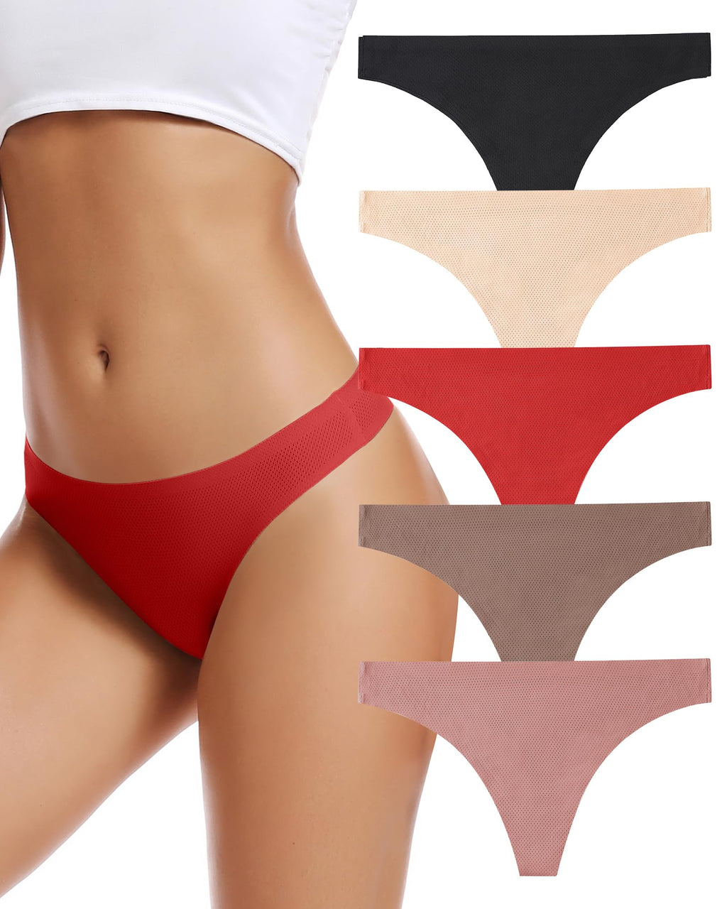 Voenxe Seamless Women Thong Underwear – 5 Pack | No-Show, Breathable Mesh Panties, Soft Low Rise Cut for Sports & Everyday Wear