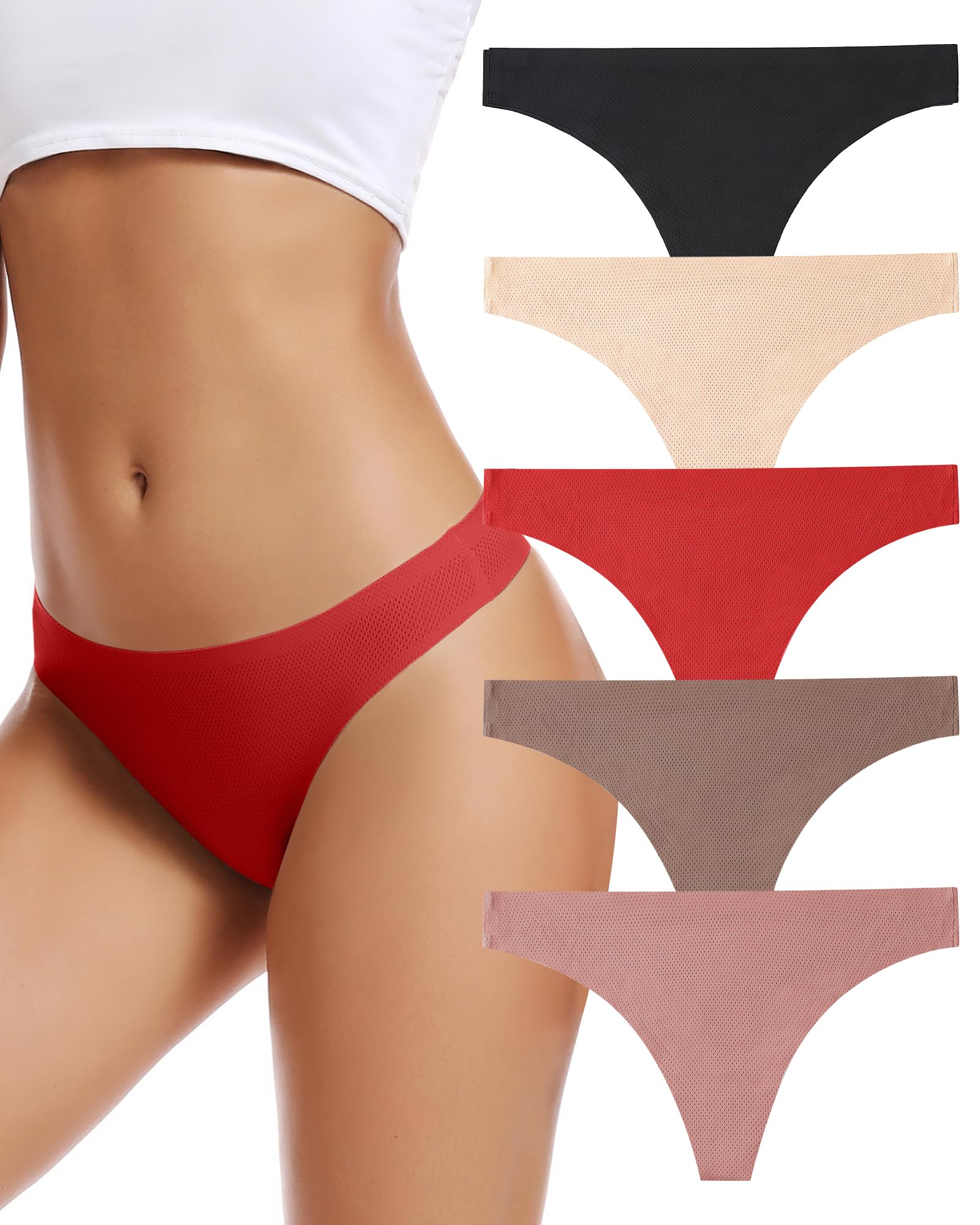 Voenxe Seamless Women Thong Underwear – 5 Pack | No-Show, Breathable Mesh Panties, Soft Low Rise Cut for Sports & Everyday Wear