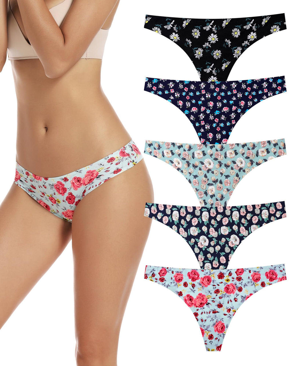Voenxe Seamless Women Thong Underwear – 5 Pack | No-Show, Breathable Mesh Panties, Soft Low Rise Cut for Sports & Everyday Wear