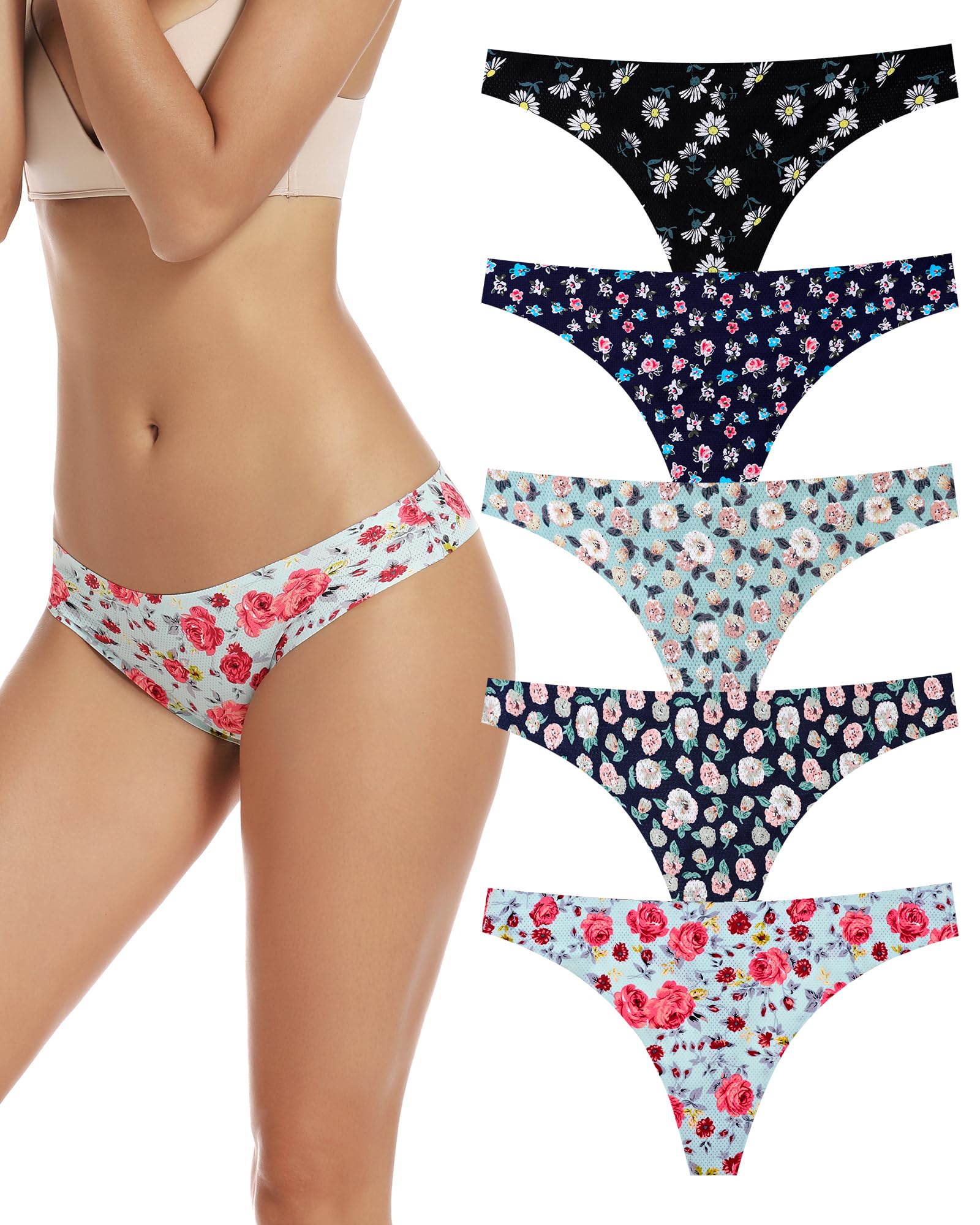 Voenxe Seamless Women Thong Underwear – 5 Pack | No-Show, Breathable Mesh Panties, Soft Low Rise Cut for Sports & Everyday Wear